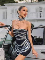 Robe mini bustier à strass avec ras-de-cou 