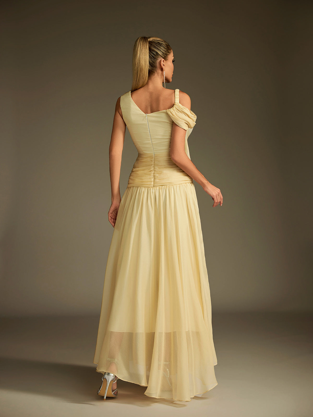 One Shoulder Flower Ruched Maxi Dress