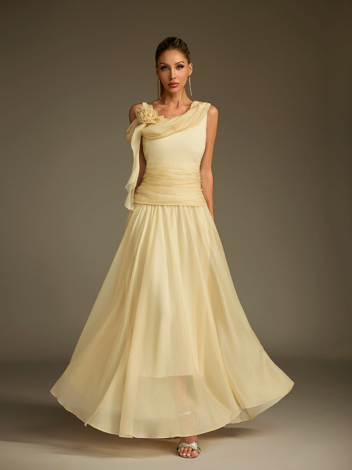 One Shoulder Flower Ruched Maxi Dress