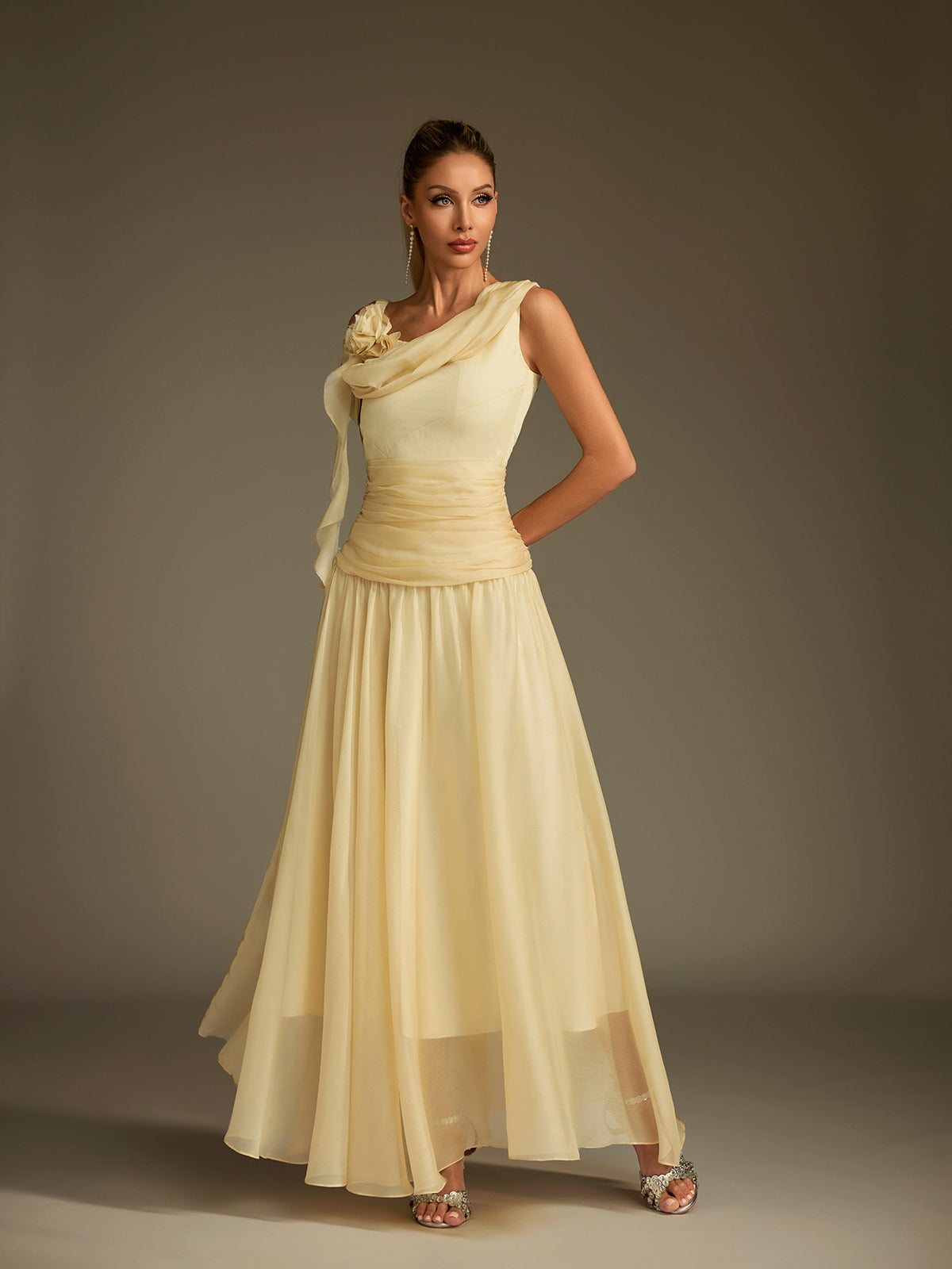 One Shoulder Flower Ruched Maxi Dress