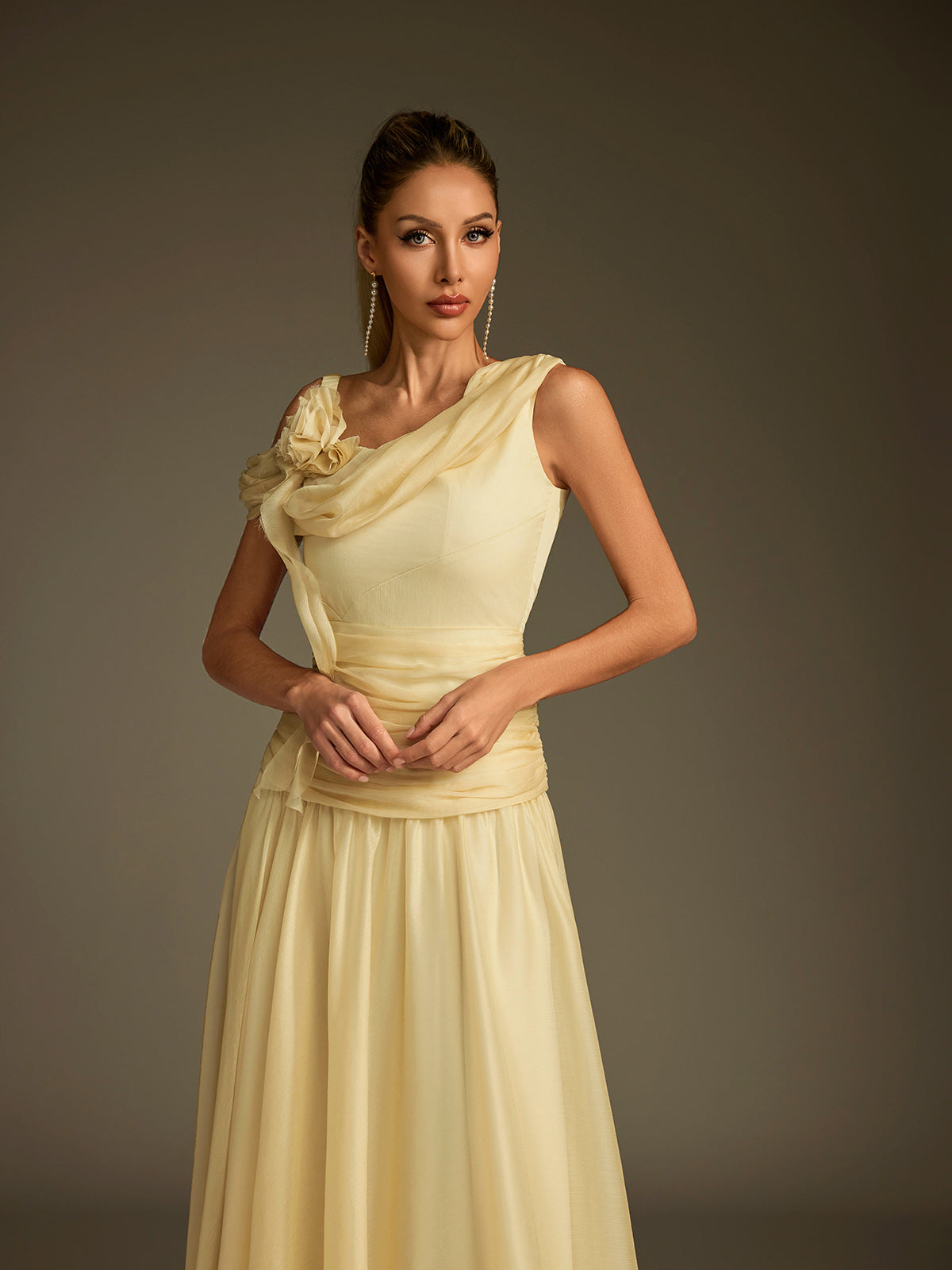 One Shoulder Flower Ruched Maxi Dress