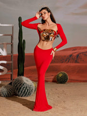 Long Sleeve Cutout Maxi Dress In Red