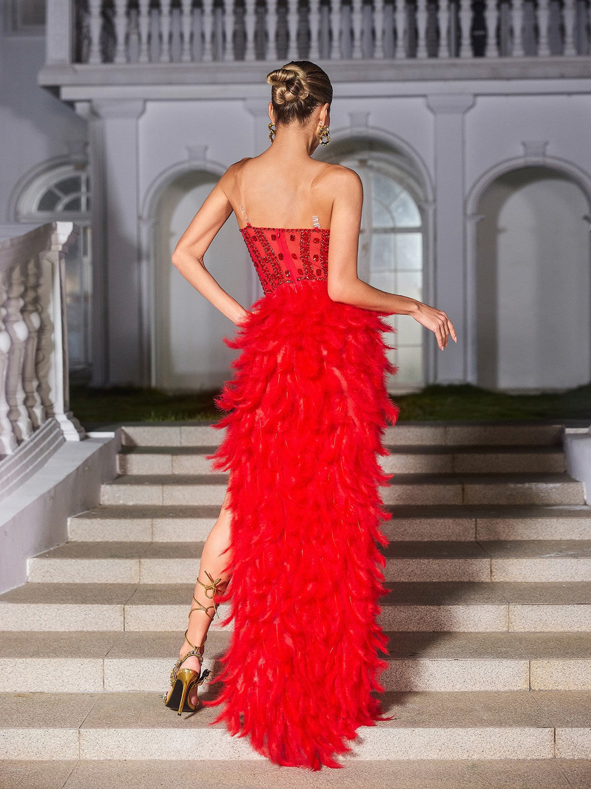 Strapless Rhinestone Feather Maxi Dress In Red