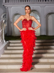 Strapless Rhinestone Feather Maxi Dress In Red