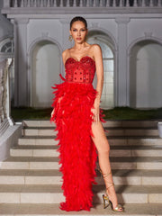 Strapless Rhinestone Feather Maxi Dress In Red