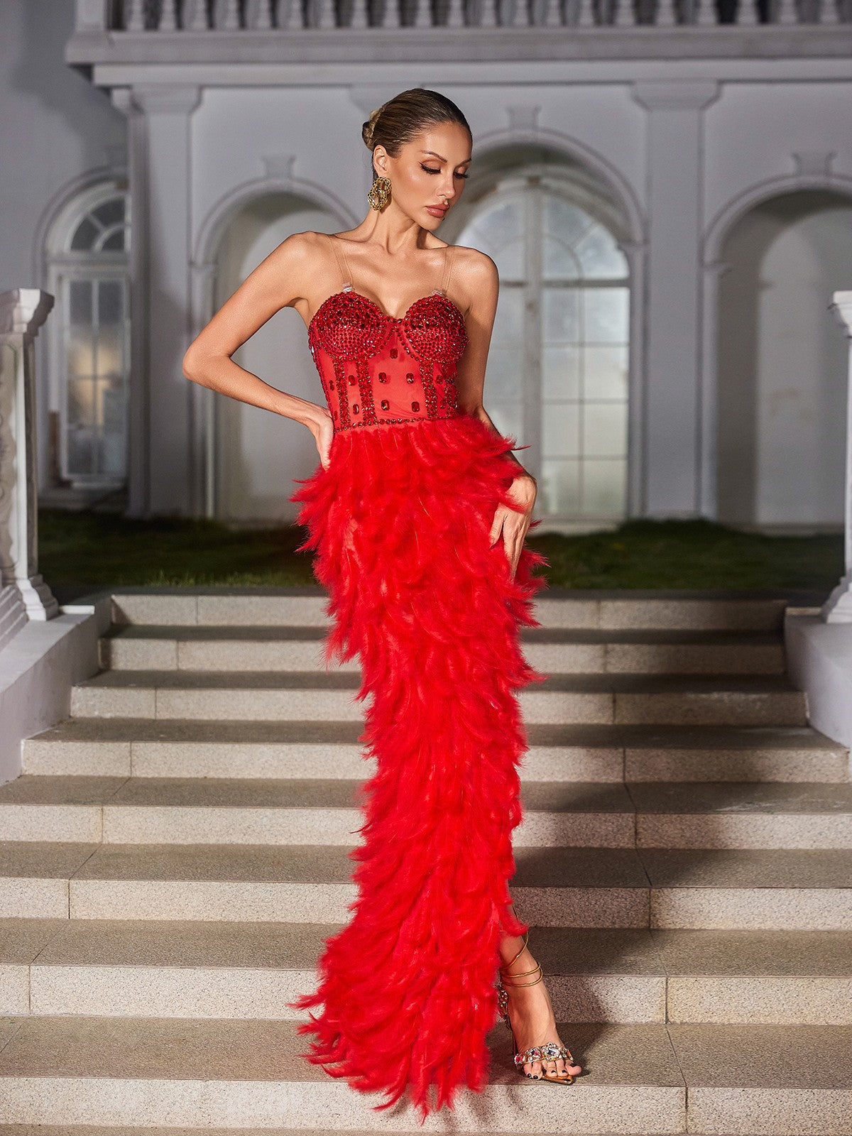 Strapless Rhinestone Feather Maxi Dress In Red