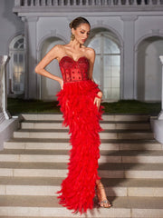 Strapless Rhinestone Feather Maxi Dress In Red