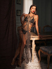Robe dos nu à franges et chaîne de corps 