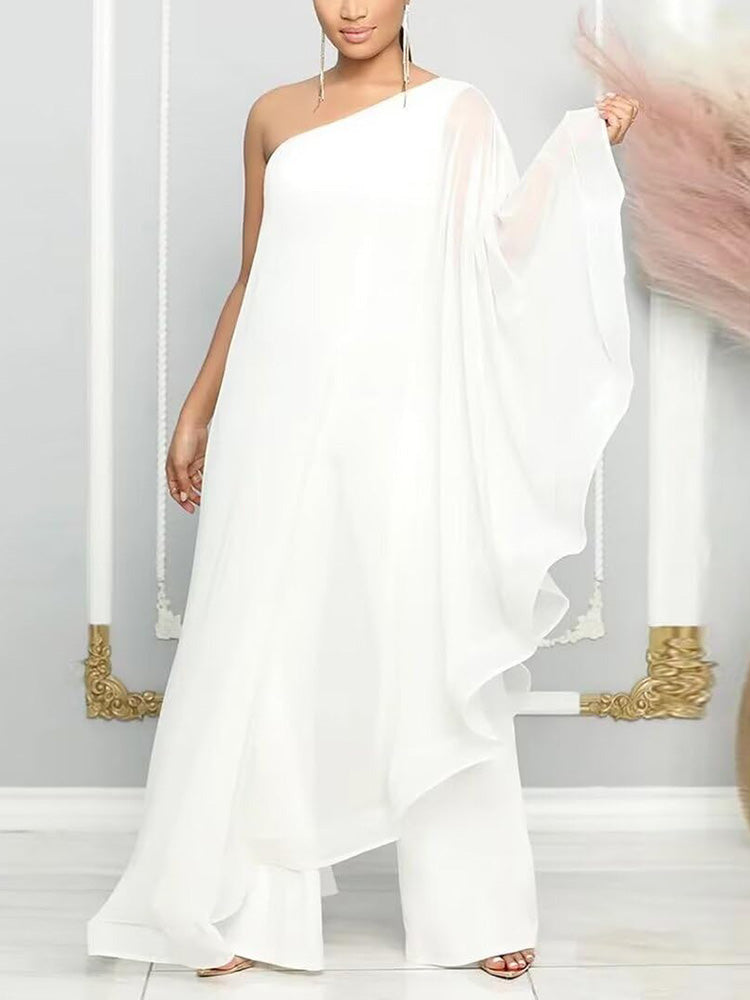 One Shoulder Ruffle Flowy Jumpsuits