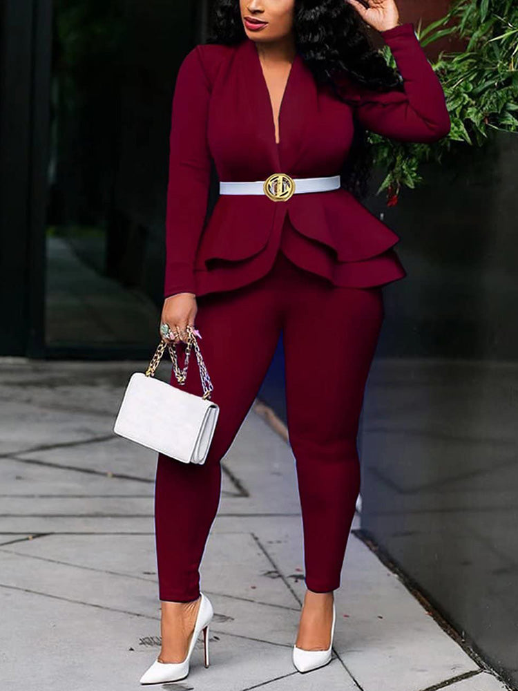 V-Neck Blazer Suit Pants Set
