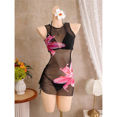 With Cover Up Flower Printed Halter Bikini Three-pieces Bikini Set
