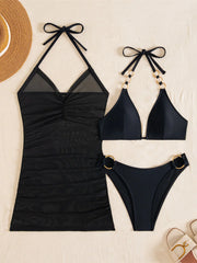 With Cover Up Halter Metal Rings Bikini Three-pieces Bikini Set