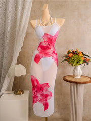 With Floral Dress Printed Halter Bikini Three-pieces Bikini Set