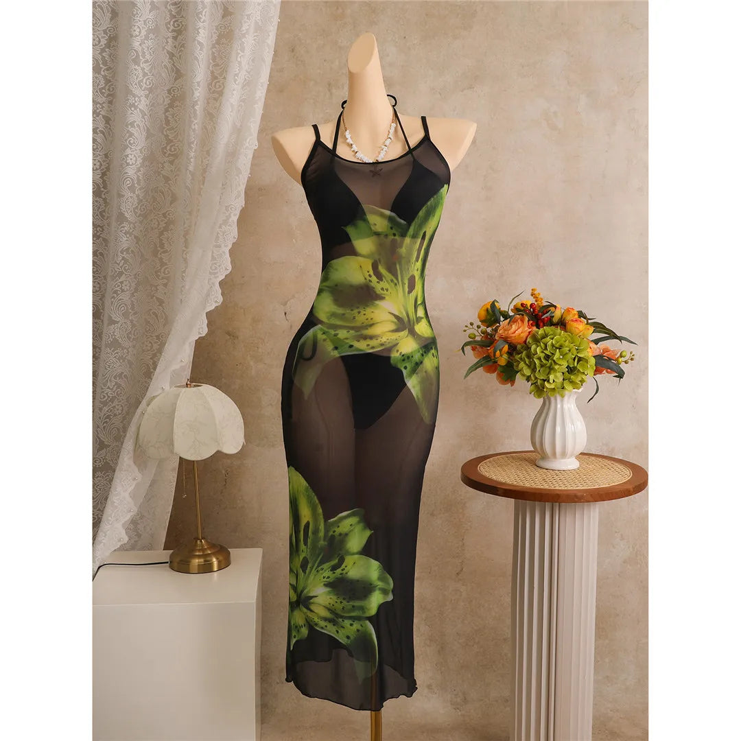 With Floral Dress Printed Halter Bikini Three-pieces Bikini Set