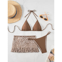 With Leopard Printed Halter Bikini Three-pieces Bikini Set