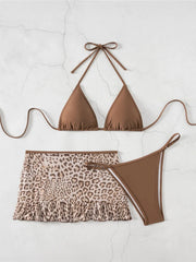 With Leopard Printed Halter Bikini Three-pieces Bikini Set