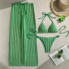 With Pants Striped Halter Bikini Three-pieces Bikini Set