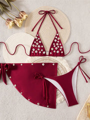 With Sarong Buttons Halter Bikini Three-pieces Bikini Set