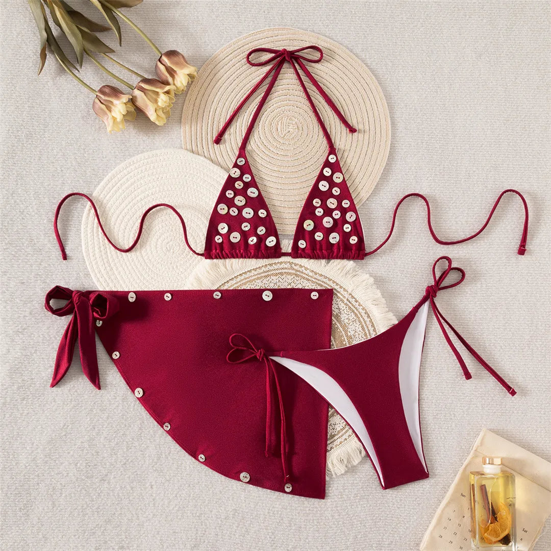 With Sarong Buttons Halter Bikini Three-pieces Bikini Set