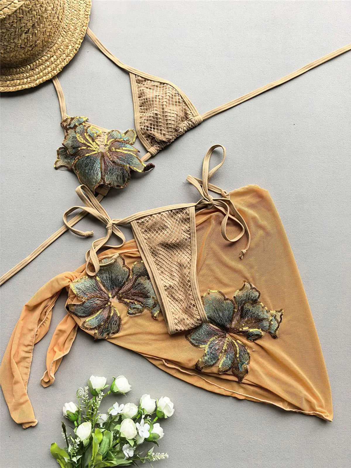 With Sarong Flower Printed Halter Bikini Three-pieces Bikini Set