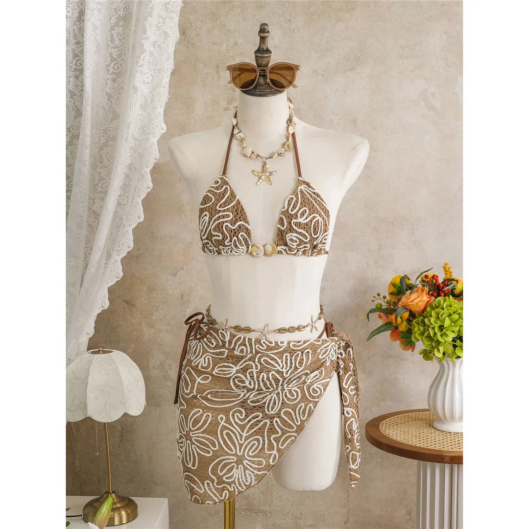 With Sarong Halter Printed Bikini Three-pieces Bikini Set