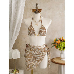 With Sarong Halter Printed Bikini Three-pieces Bikini Set