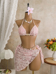 With Sarong Halter Printed Bikini Three-pieces Bikini Set