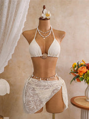 With Sarong Leaves Printed Halter Bikini Three-pieces Bikini Set