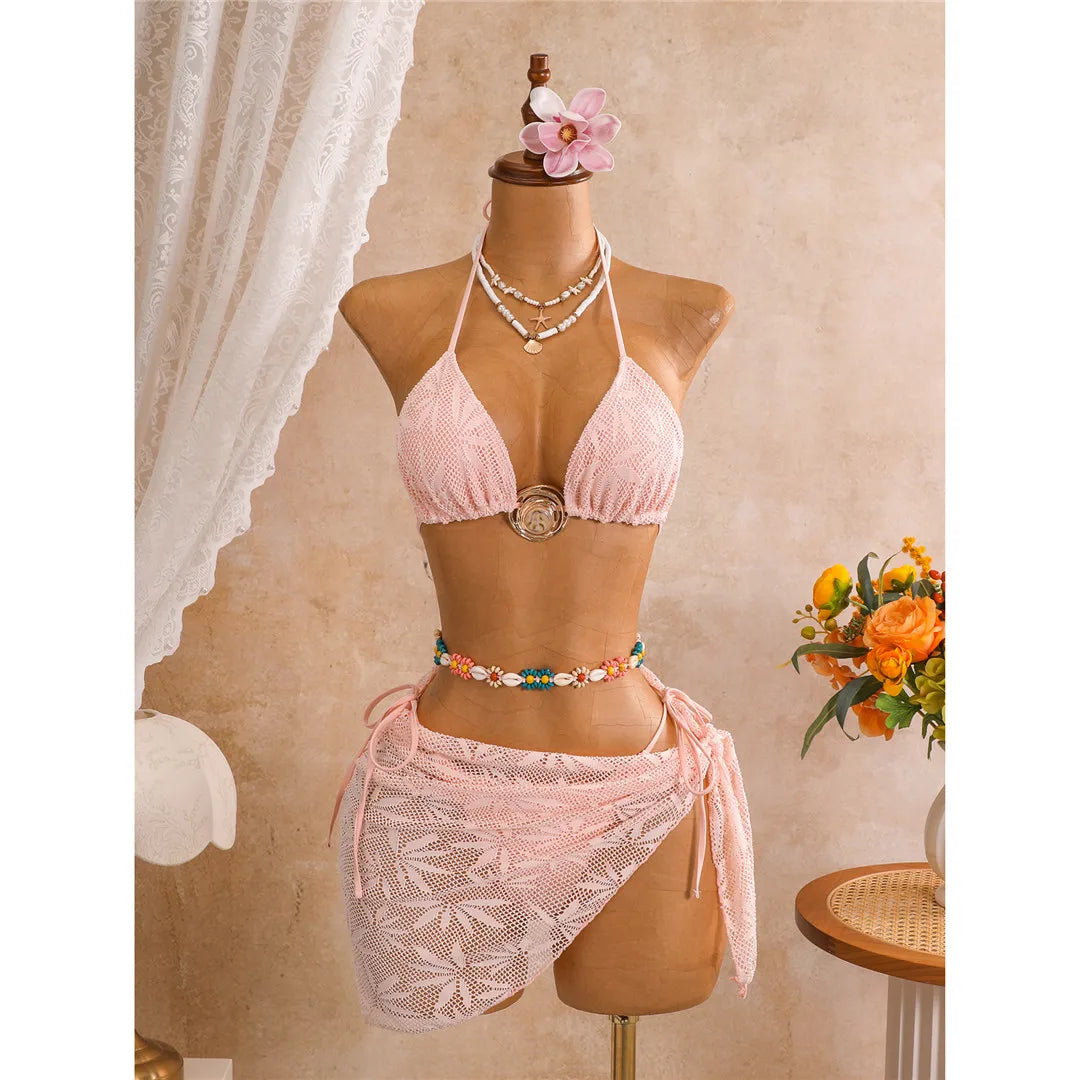 With Sarong Leaves Printed Halter Bikini Three-pieces Bikini Set