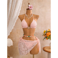 With Sarong Leaves Printed Halter Bikini Three-pieces Bikini Set