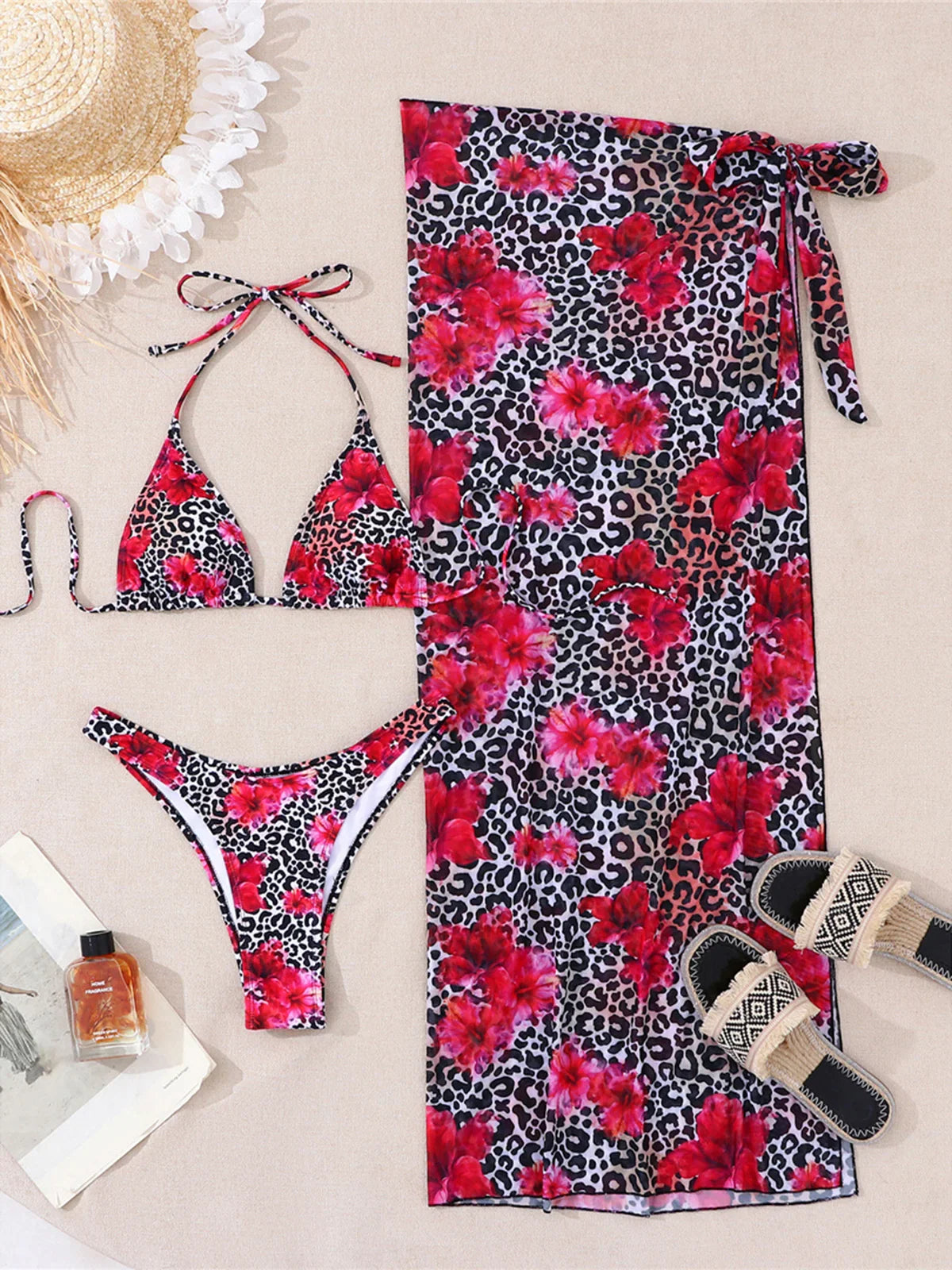 With Sarong Leopard Flower Printed Bikini Three-pieces Bikini Set