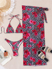 With Sarong Leopard Flower Printed Bikini Three-pieces Bikini Set