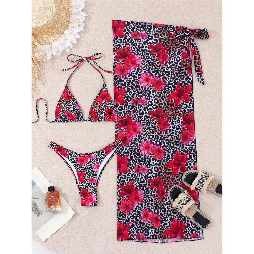 With Sarong Leopard Flower Printed Bikini Three-pieces Bikini Set