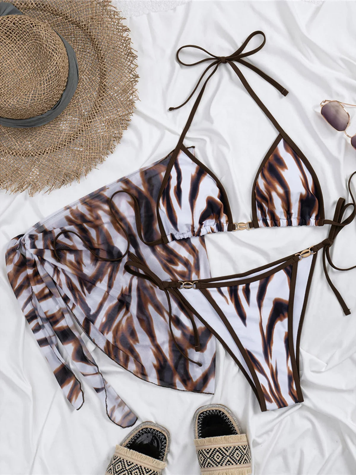 With Sarong Printed Halter Bikini Three-pieces Bikini Set
