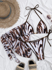 With Sarong Printed Halter Bikini Three-pieces Bikini Set