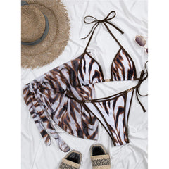 With Sarong Printed Halter Bikini Three-pieces Bikini Set
