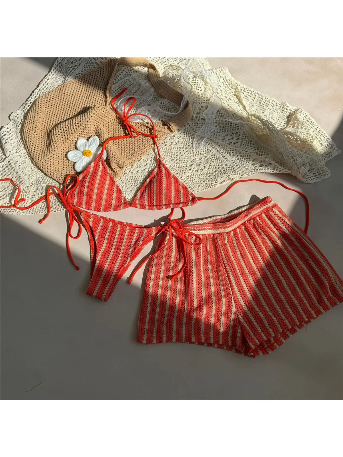 With Striped Halter Bikini Three-pieces Bikini Set