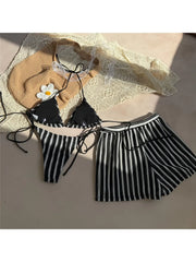 With Striped Halter Bikini Three-pieces Bikini Set