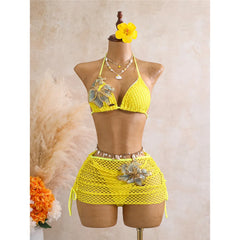 With 3D Flower Halter Bikini Three-pieces Bikini Set