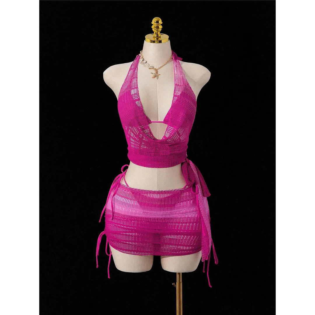 With Cover Up Halter Bikini Strappy Four-pieces Bikini Set