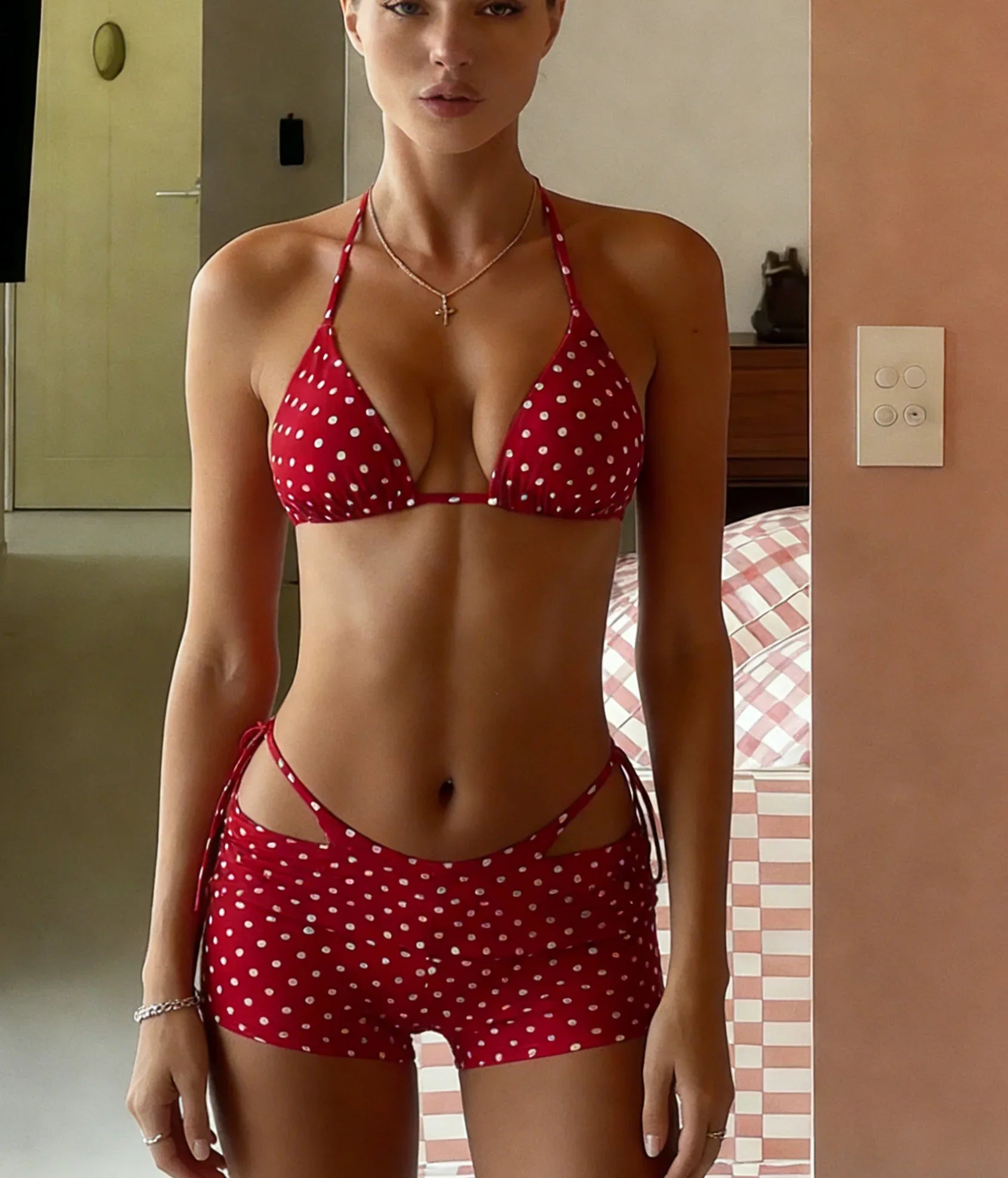 2 Piece Bikini Bathing Suit Halter Bikini Top Bottom Fashion Swimwear Bikini Set Red White Spotteds
