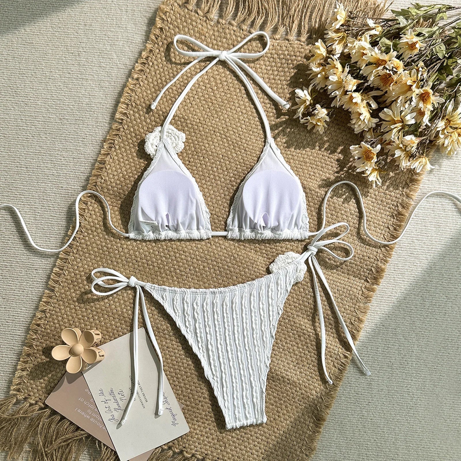 2 Piece Swimsuit Bikini Set Sleeveless Bathing Suit Halter 3D Flower Decor Bra Tie Up Waist Briefs Swimwear