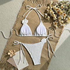 2 Piece Swimsuit Bikini Set Sleeveless Bathing Suit Halter 3D Flower Decor Bra Tie Up Waist Briefs Swimwear