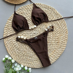 2 Piece Swimsuits Bathing Suit Bikini Set Beaded Sleeveless Bra With Low Waist Briefs Bathingwear