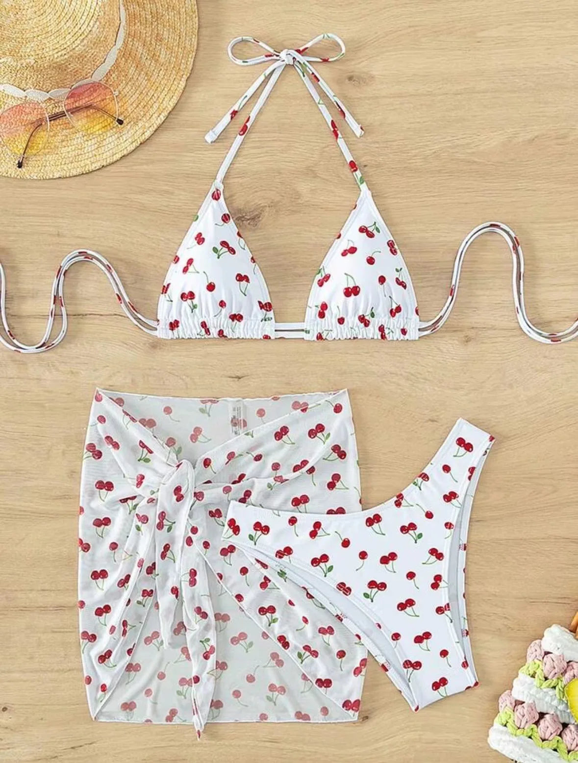 Frech chic cherry print bikini Sets three pieces with mesh Swimsuit bathing suit biquini