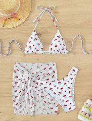 Frech chic cherry print bikini Sets three pieces with mesh Swimsuit bathing suit biquini
