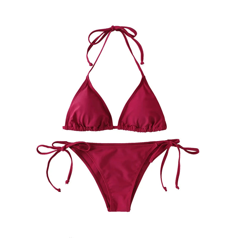 Thong Bikini Set Side Lace-up Swimsuit Bandage Neck Tie Swimwear Adjustable Style Bikini Underwear