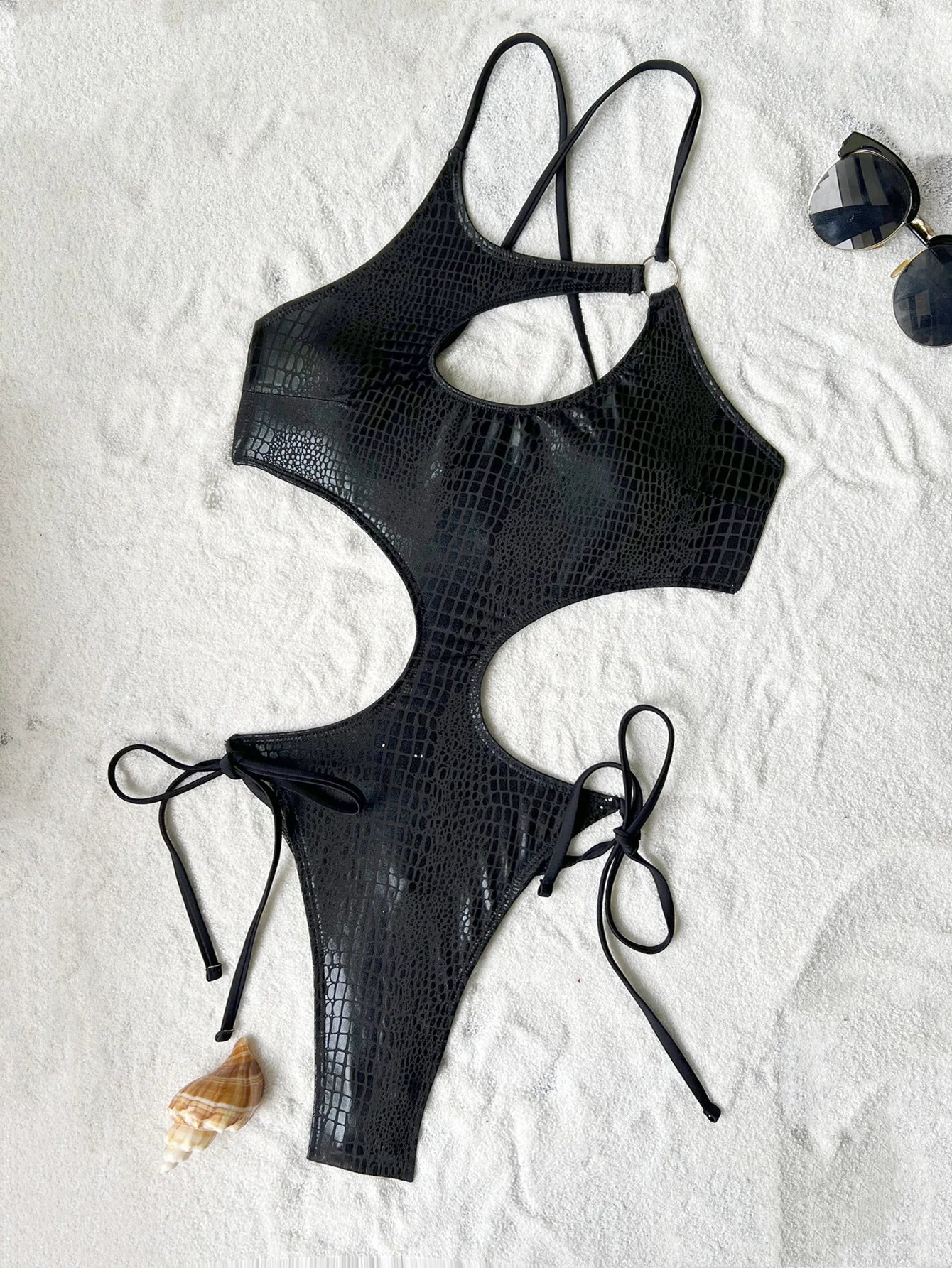 black snake print metallic swimsuit one piece irregular hollow backless Bikini bathing suit outfit