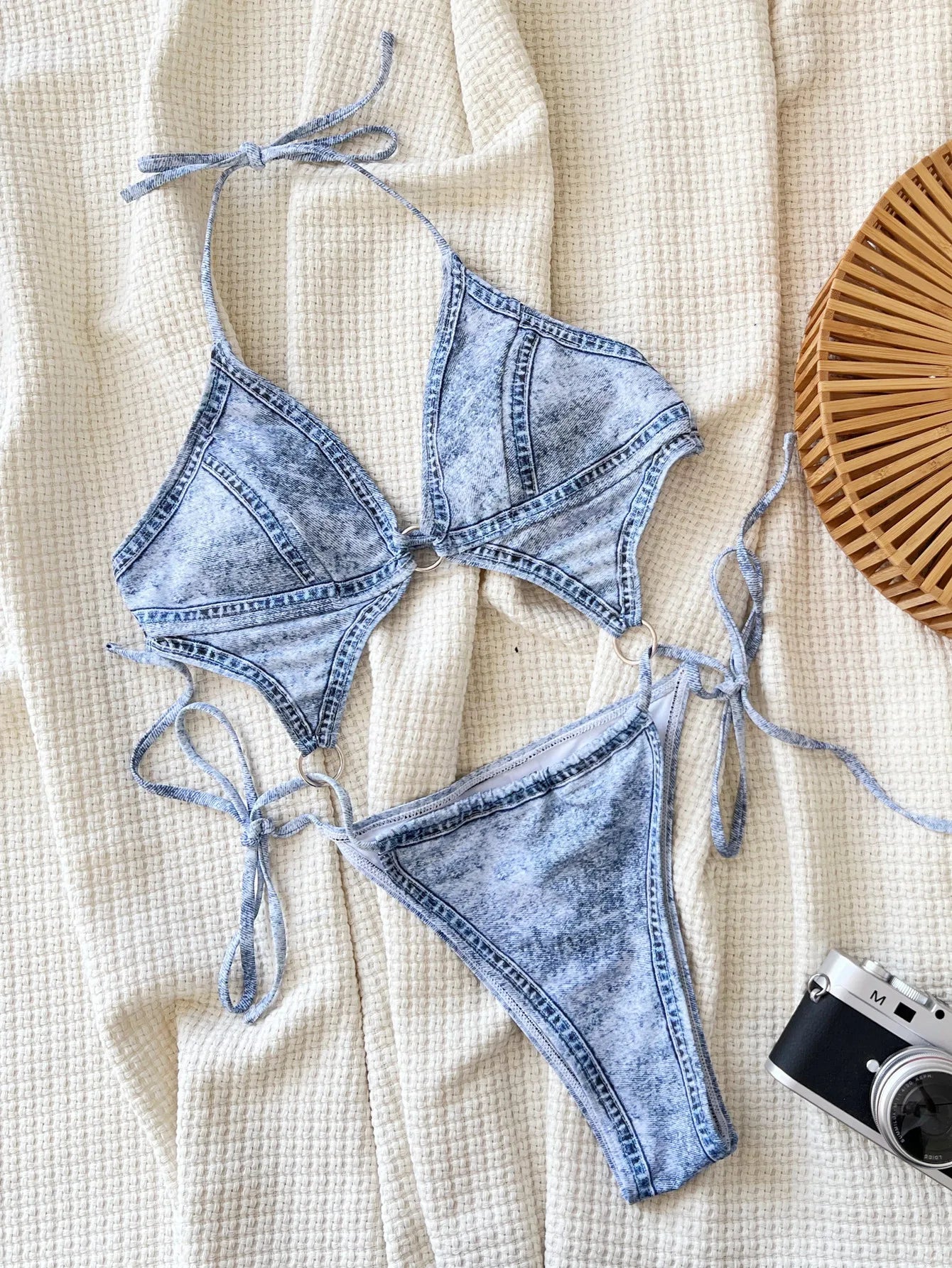 denim print metallic swimsuit one piece halter hollow backless Bikini bathing suit biquini