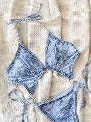 denim print metallic swimsuit one piece halter hollow backless Bikini bathing suit biquini